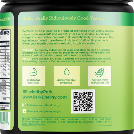 Perk Do Work BCAAs+ Mojito Lime Creme – 20 Servings, Gluten-Free, Soy-Free