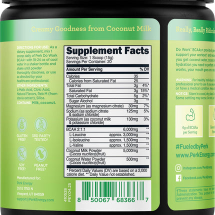 Perk Do Work BCAAs+ Mojito Lime Creme – 20 Servings, Gluten-Free, Soy-Free