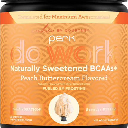 Perk Do Work Naturally Sweetened BCAAs+ Peach Buttercream Flavored (20 Servings) - Gluten-Free, Soy-Free, Peanut-Free, with Coconut Water, Coconut Milk, and Electrolytes