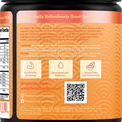Perk Do Work Naturally Sweetened BCAAs+ Peach Buttercream Flavored (20 Servings) - Gluten-Free, Soy-Free, Peanut-Free, with Coconut Water, Coconut Milk, and Electrolytes