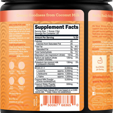 Perk Do Work Naturally Sweetened BCAAs+ Peach Buttercream Flavored (20 Servings) - Gluten-Free, Soy-Free, Peanut-Free, with Coconut Water, Coconut Milk, and Electrolytes