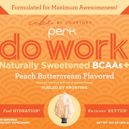 Perk Do Work Naturally Sweetened BCAAs+ Peach Buttercream Flavored (20 Servings) - Gluten-Free, Soy-Free, Peanut-Free, with Coconut Water, Coconut Milk, and Electrolytes
