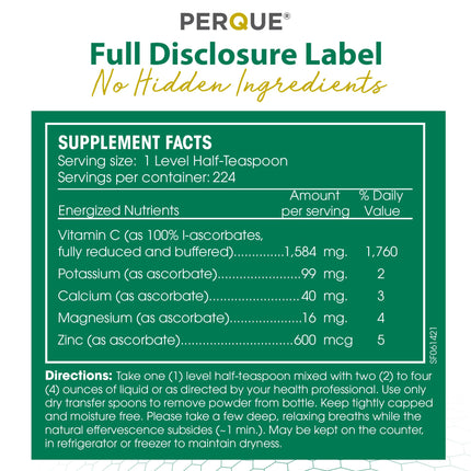 PERQUE Buffered Vitamin C Ascorbate Powder - pH Balanced, Vegetarian, Allergen-Free - 16 oz