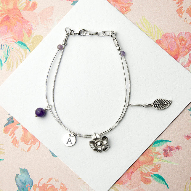 Personalised Sterling Silver Forget Me Not Bracelet With Amethyst Stones