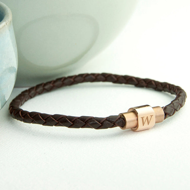 Personalised Men's Woven Leather Bracelet with Rose Gold Clasp