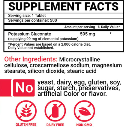 Peter Gillham’s Life Essentials Potassium Gluconate tablets 595mg, 500 Tablets, Support Electrolyte Balance, Made in USA (Package May Vary)