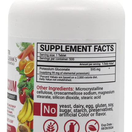 Peter Gillham’s Life Essentials Potassium Gluconate tablets 595mg, 500 Tablets, Support Electrolyte Balance, Made in USA (Package May Vary)