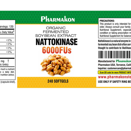 PHARMAKON Nattokinase — Bioavailable Soft Capsules, Organic Fermented Soybean Extract, 6000 FUs