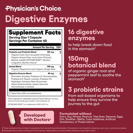 Physician's CHOICE Advanced Gut Health Bundle: 60B Probiotics 30ct + Digestive Enzymes 60ct
