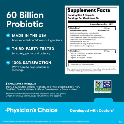 Physician's CHOICE Probiotics 60 Billion CFU – 10 Strains + Organic Prebiotics | 84ct