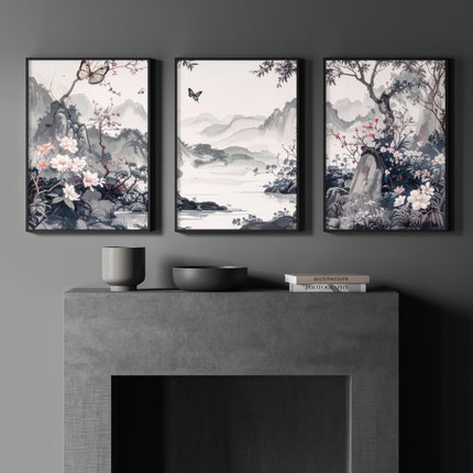 Picture Walls Living Room | Set of 3 Chinoiserie Wall art Prints
