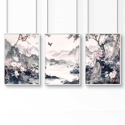 Picture Walls Living Room | Set of 3 Chinoiserie Wall art Prints