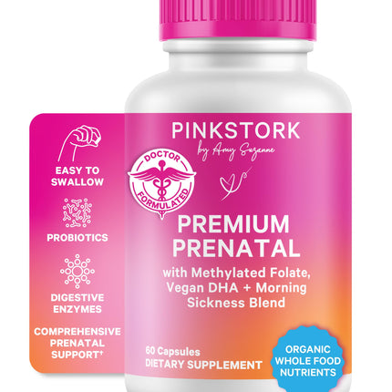 Pink Stork Premium Prenatal Vitamins – Organic Whole-Food Blend with Methylated Folate, Choline & Vegan DHA