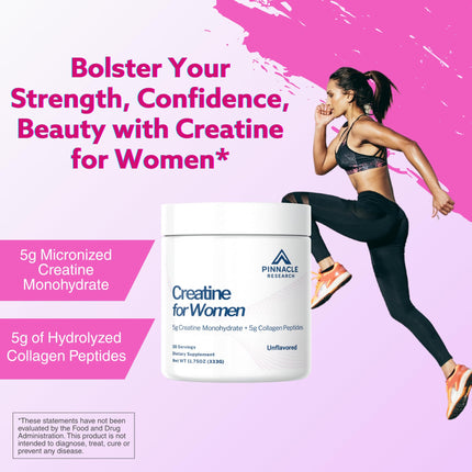 Pinnacle Research Creatine for Women – 5g Creatine Monohydrate + 5g Collagen (Unflavored)