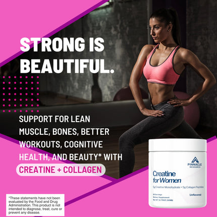 Pinnacle Research Creatine for Women – 5g Creatine Monohydrate + 5g Collagen (Unflavored)