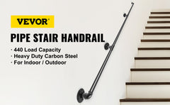 VEVOR 2-13ft Secure Pipe Stair Handrails Staircase 440lbs Handrails Carbon Steel For Wall Mount Stairs Indoors And Outdoor Black