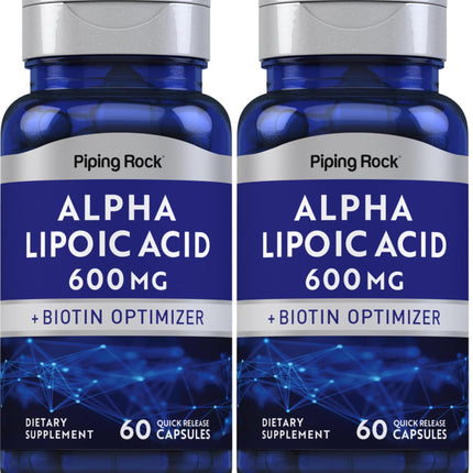 Piping Rock Alpha Lipoic Acid 600mg with Biotin Optimizer | 60 Capsules | Non-GMO Gluten Free | Pack of 2
