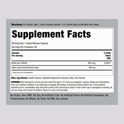 Piping Rock Alpha Lipoic Acid 600mg with Biotin Optimizer | 60 Capsules | Non-GMO Gluten Free | Pack of 2