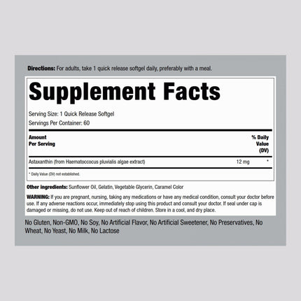 Piping Rock Astaxanthin 12mg | 60 Softgel Capsules | Extract Supplement | Gluten Free, Non-GMO
