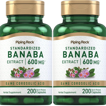 Piping Rock Banaba Leaf Extract Capsules – 600 mg, 200 Count | Corosolic Acid Standardized | Non-GMO & Gluten Free (Pack of 2)