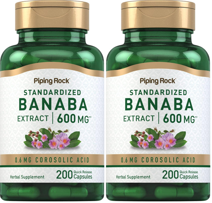 Piping Rock Banaba Leaf Extract Capsules – 600 mg, 200 Count | Corosolic Acid Standardized | Non-GMO & Gluten Free (Pack of 2)