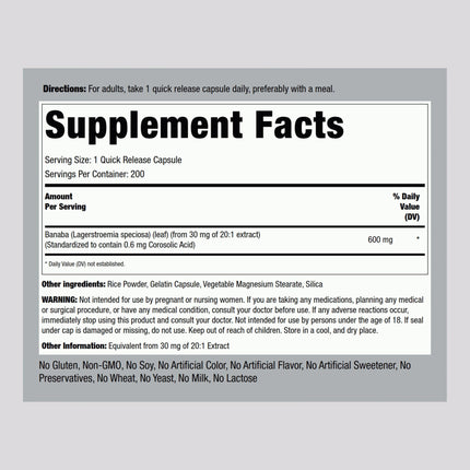 Piping Rock Banaba Leaf Extract Capsules – 600 mg, 200 Count | Corosolic Acid Standardized | Non-GMO & Gluten Free (Pack of 2)