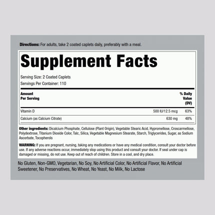 Piping Rock Calcium Citrate with Vitamin D3 - 630 mg, 220 Caplets (Pack of 2) | Vegetarian, Non-GMO, Gluten Free