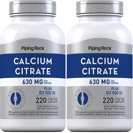 Piping Rock Calcium Citrate with Vitamin D3 - 630 mg, 220 Caplets (Pack of 2) | Vegetarian, Non-GMO, Gluten Free