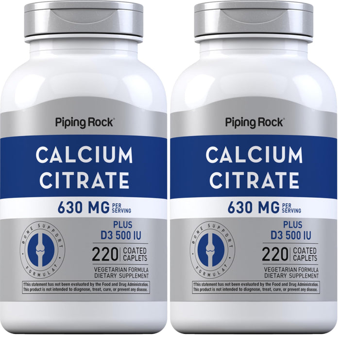 Piping Rock Calcium Citrate with Vitamin D3 - 630 mg, 220 Caplets (Pack of 2) | Vegetarian, Non-GMO, Gluten Free