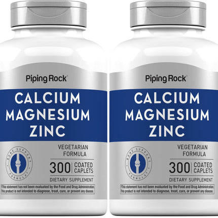 Piping Rock Calcium Magnesium Zinc Supplement – 300 Coated Caplets | Pack of 2 | Non-GMO, Gluten Free