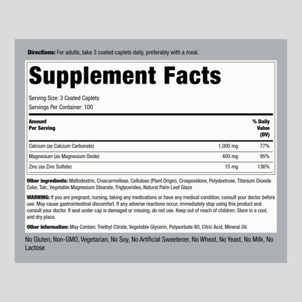 Piping Rock Calcium Magnesium Zinc Supplement – 300 Coated Caplets | Pack of 2 | Non-GMO, Gluten Free