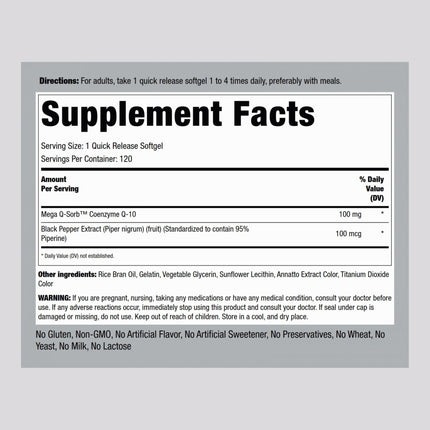 Piping Rock CoQ10 100mg | 120 Softgels | Black Pepper Extract | Non-GMO, Gluten Free (Pack of 2)