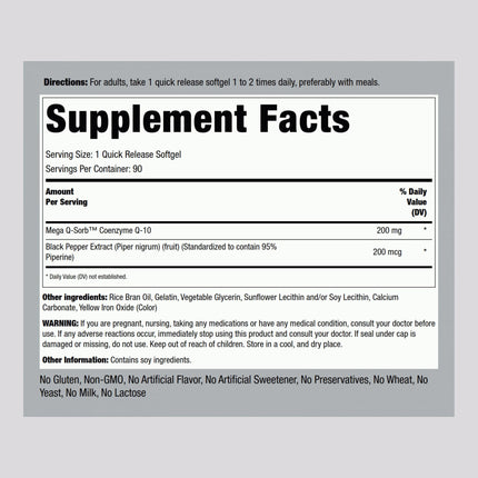 Piping Rock CoQ10 200mg Softgels – 90 Count (Pack of 2) | Non-GMO, Gluten Free