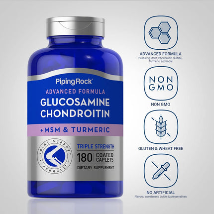 Piping Rock Glucosamine Chondroitin MSM Turmeric – 180 Caplets, Triple Strength (Pack of 2) | Non-GMO & Gluten Free