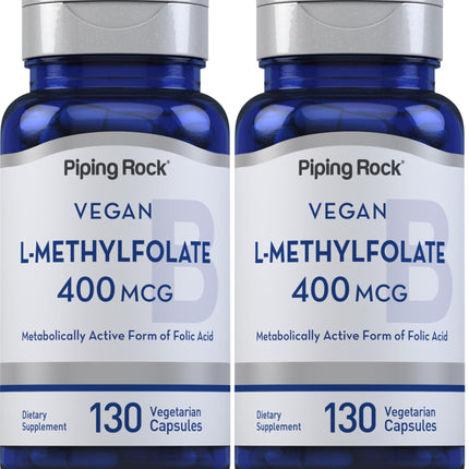 Piping Rock L-MethylFolate Supplement | 400 mcg | 130 Capsules | Pack of 2 | Vegetarian, Vegan | Non-GMO, Gluten Free