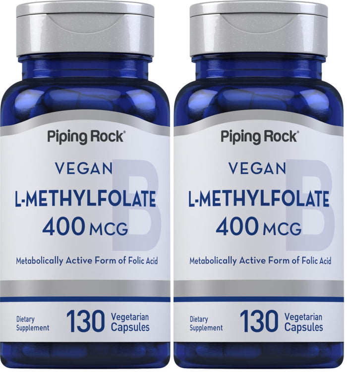 Piping Rock L-MethylFolate Supplement | 400 mcg | 130 Capsules | Pack of 2 | Vegetarian, Vegan | Non-GMO, Gluten Free