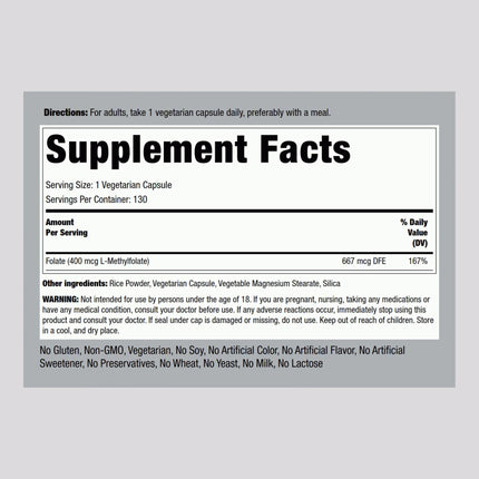 Piping Rock L-MethylFolate Supplement | 400 mcg | 130 Capsules | Pack of 2 | Vegetarian, Vegan | Non-GMO, Gluten Free
