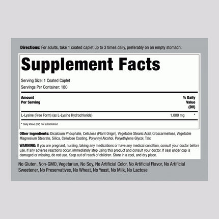 Piping Rock L-Lysine 1000mg | 180 Caplets | Free Form | Vegetarian, Non-GMO, Gluten Free (Pack of 2)