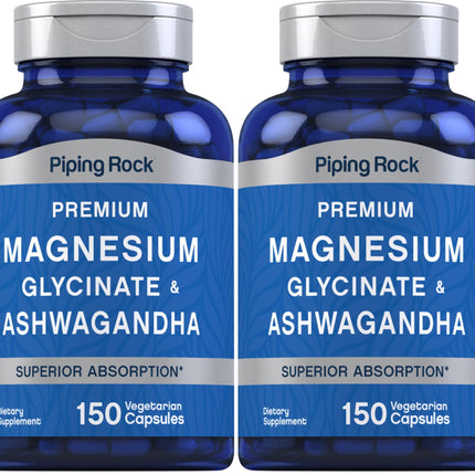 Piping Rock Magnesium Glycinate & Ashwagandha – 150 Capsules, Vegetarian, Non-GMO, Gluten Free (Pack of 2)