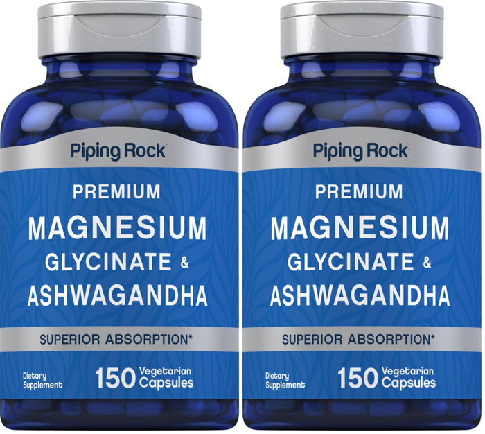 Piping Rock Magnesium Glycinate & Ashwagandha – 150 Capsules, Vegetarian, Non-GMO, Gluten Free (Pack of 2)