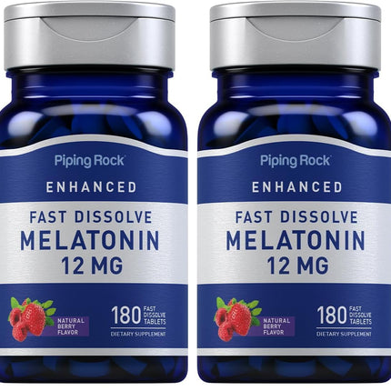 Piping Rock Melatonin 12 mg – 180 Fast-Dissolve Tablets (Berry) – Non-GMO, Gluten Free | Pack of 2