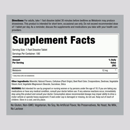 Piping Rock Melatonin 12 mg – 180 Fast-Dissolve Tablets (Berry) – Non-GMO, Gluten Free | Pack of 2