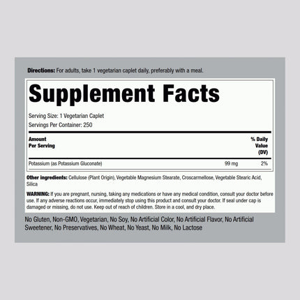 Piping Rock Chelated Potassium 99 mg – 250 Caplets | Potassium Gluconate