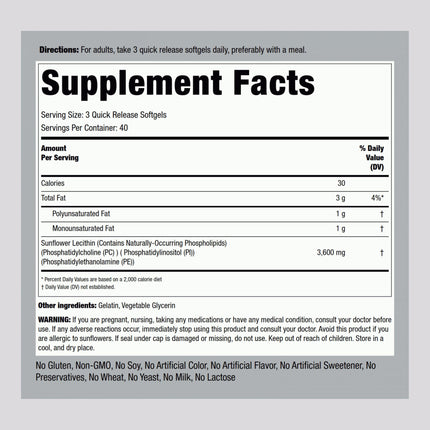 Piping Rock Sunflower Lecithin Softgel Capsules 3600 mg | 120 Count | Phosphatidylcholine | Soy Free, Non-GMO, Gluten Free (Pack of 2)