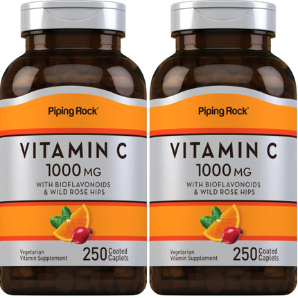 Piping Rock Vitamin C 1000mg - 250 Caplets | Bioflavonoids & Rose Hips | Vegetarian, Non-GMO, Gluten Free | Pack of 2