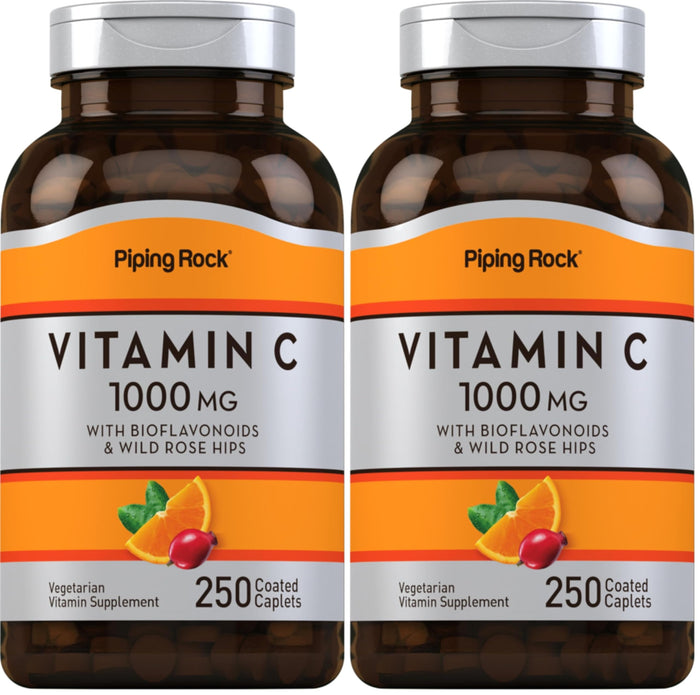 Piping Rock Vitamin C 1000mg - 250 Caplets | Bioflavonoids & Rose Hips | Vegetarian, Non-GMO, Gluten Free | Pack of 2