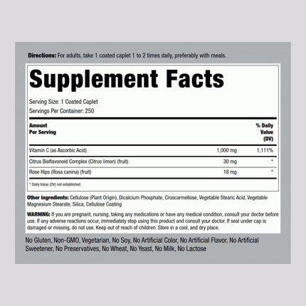 Piping Rock Vitamin C 1000mg - 250 Caplets | Bioflavonoids & Rose Hips | Vegetarian, Non-GMO, Gluten Free | Pack of 2