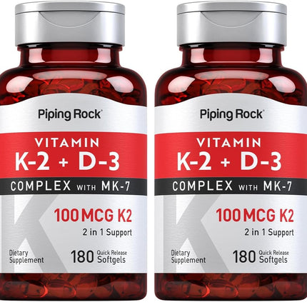 Piping Rock Vitamin K2 D3 MK7 – 100 mcg K2, 180 Softgels (Pack of 2) – Non-GMO, Gluten Free