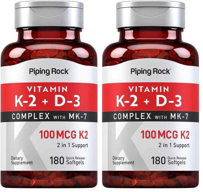 Piping Rock Vitamin K2 D3 MK7 – 100 mcg K2, 180 Softgels (Pack of 2) – Non-GMO, Gluten Free