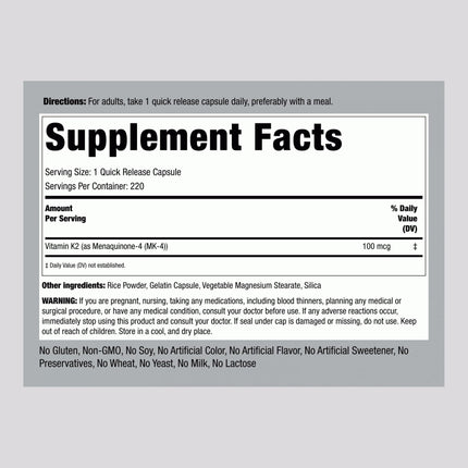 Piping Rock Vitamin K2 MK4 Supplement 100 mcg - 220 Capsules Pack of 2 | Non-GMO & Gluten Free